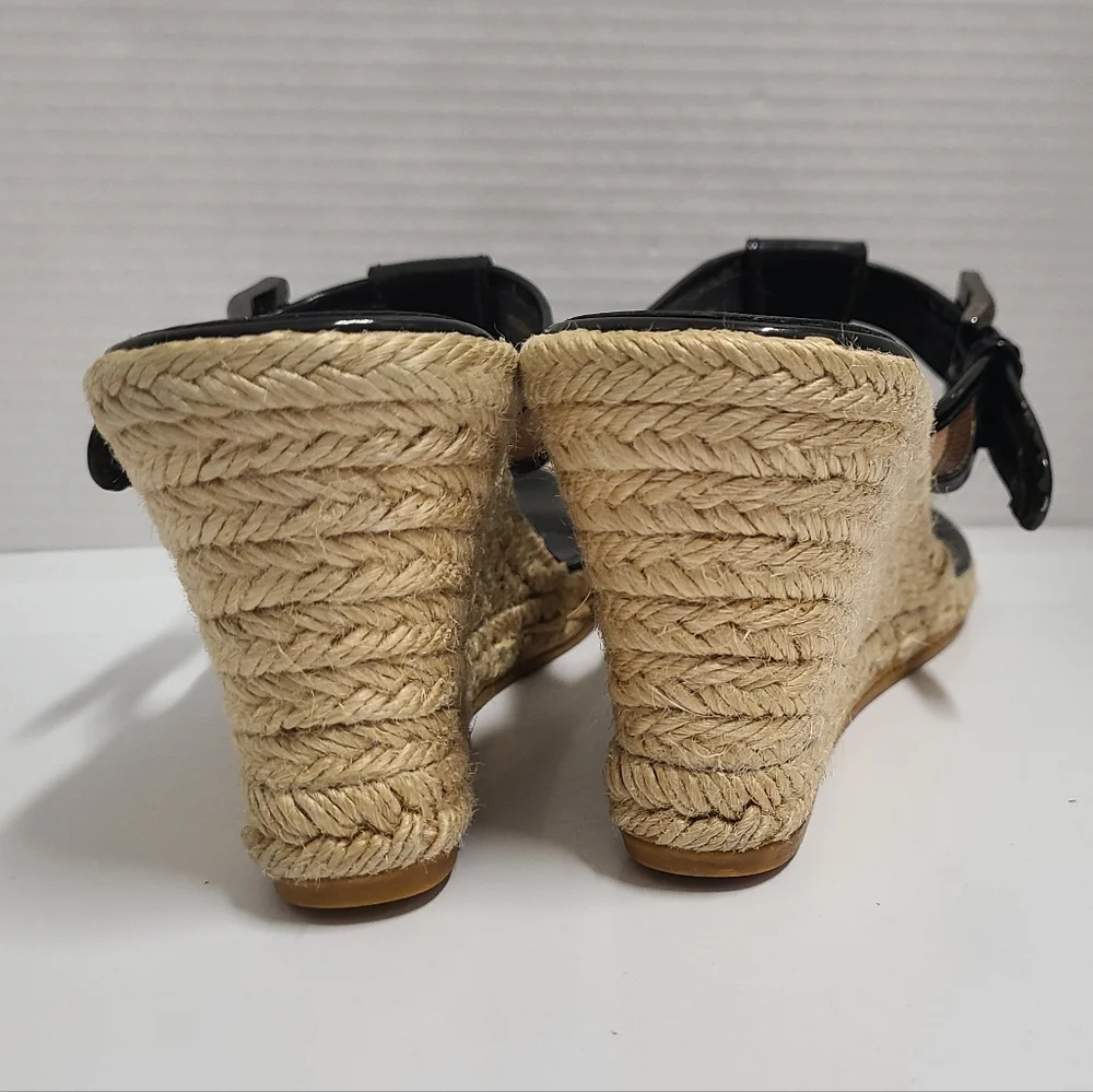 Burberry Vintage Black Patent Nova Check Wedge Thong Sandals with Box Sz 41 US 9